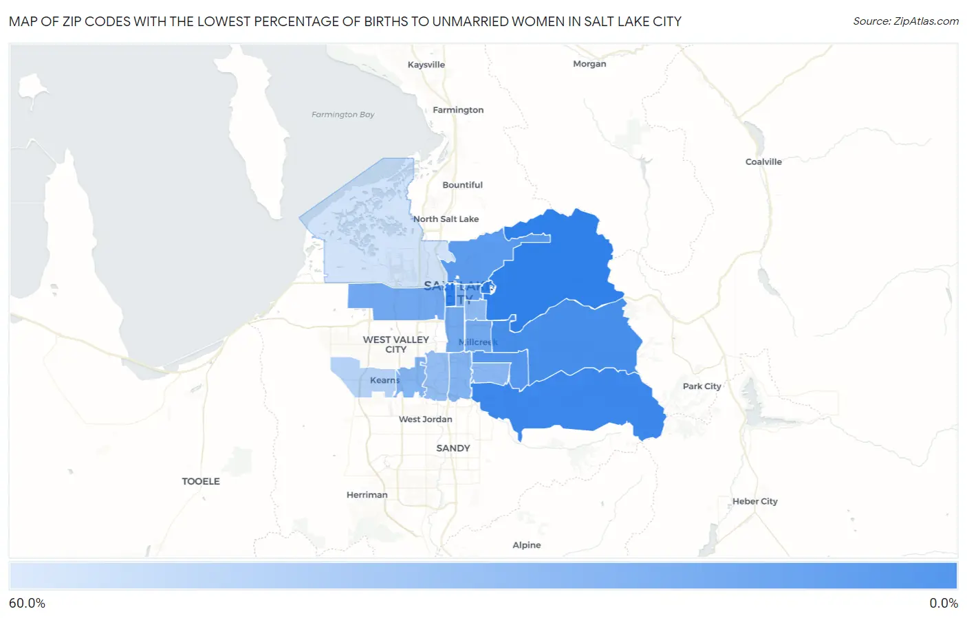 Zip Codes with the Lowest Percentage of Births to Unmarried Women in Salt Lake City Map
