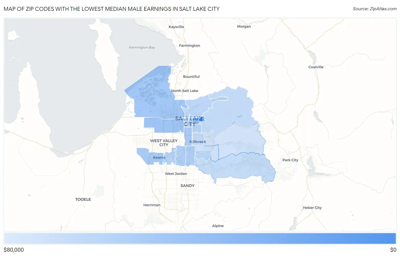 Zip Codes with the Lowest Median Male Earnings in Salt Lake City Map