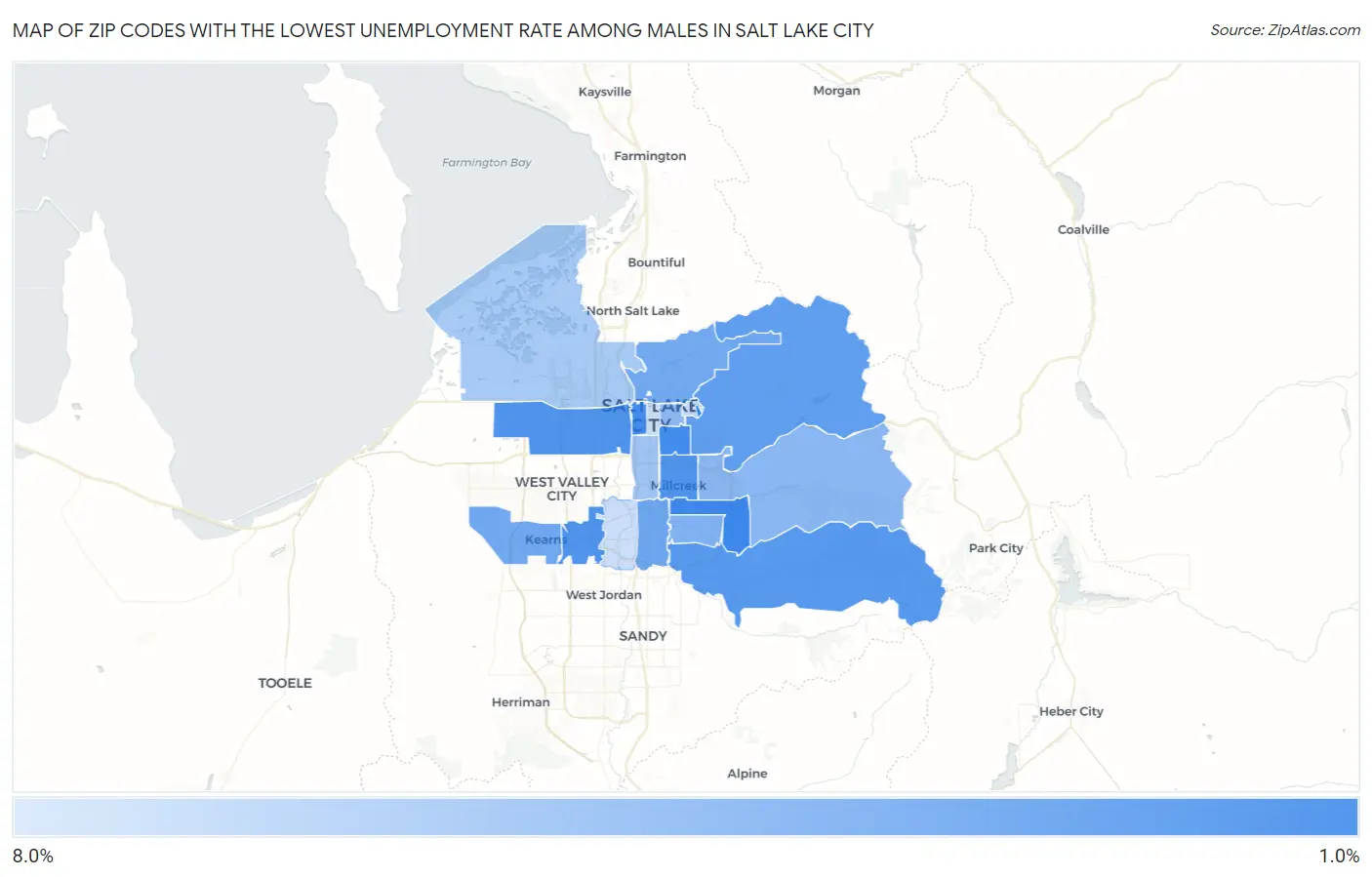 Zip Codes with the Lowest Unemployment Rate Among Males in Salt Lake City Map