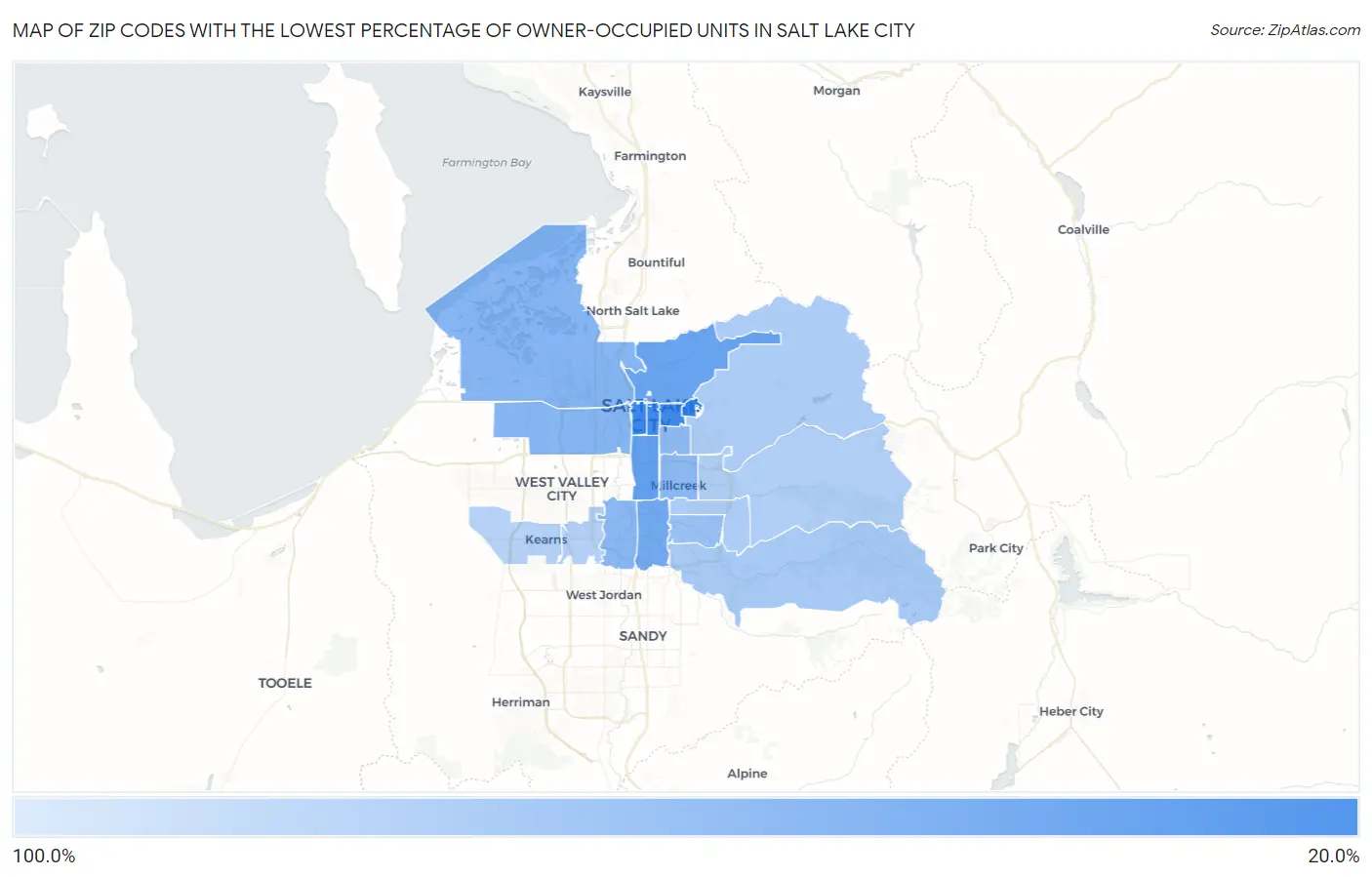 Zip Codes with the Lowest Percentage of Owner-Occupied Units in Salt Lake City Map