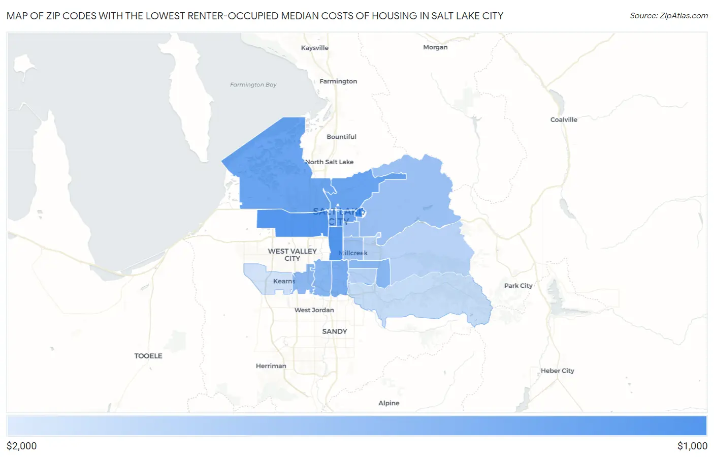 Zip Codes with the Lowest Renter-Occupied Median Costs of Housing in Salt Lake City Map