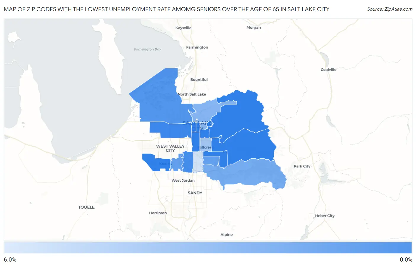 Zip Codes with the Lowest Unemployment Rate Amomg Seniors Over the Age of 65 in Salt Lake City Map