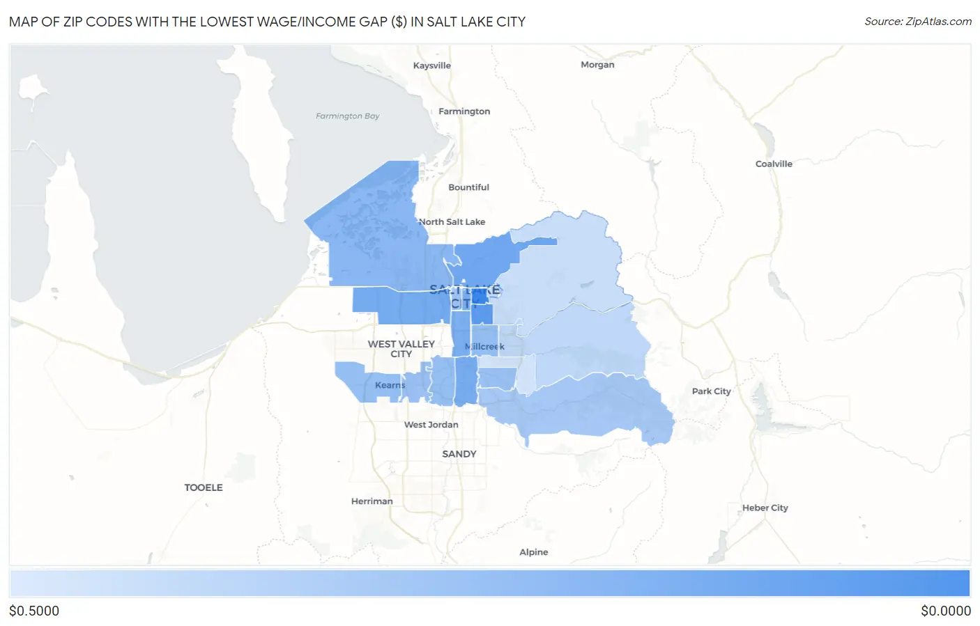 Zip Codes with the Lowest Wage/Income Gap ($) in Salt Lake City Map