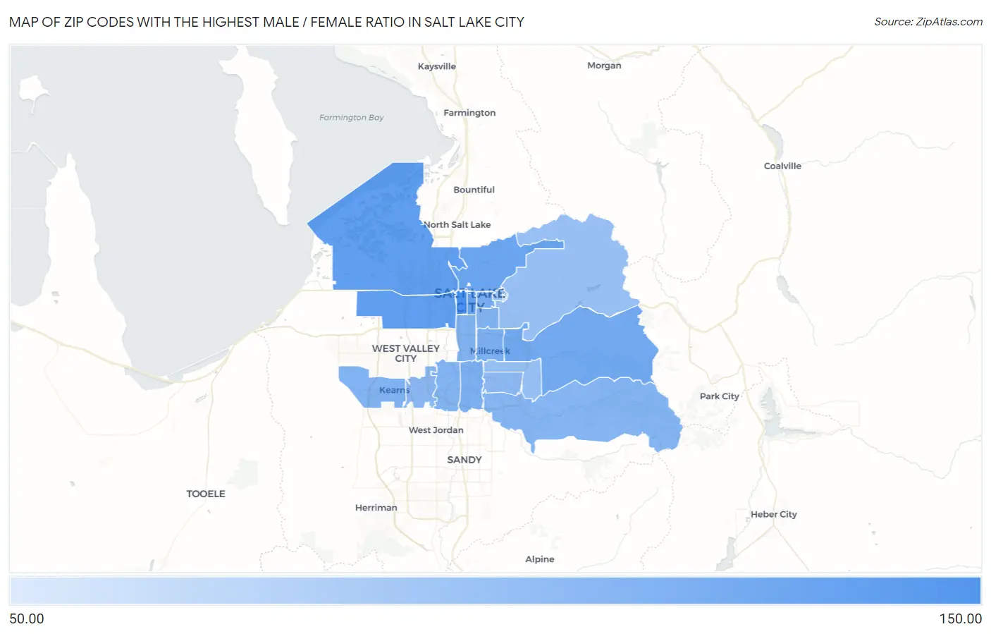 Zip Codes with the Highest Male / Female Ratio in Salt Lake City Map
