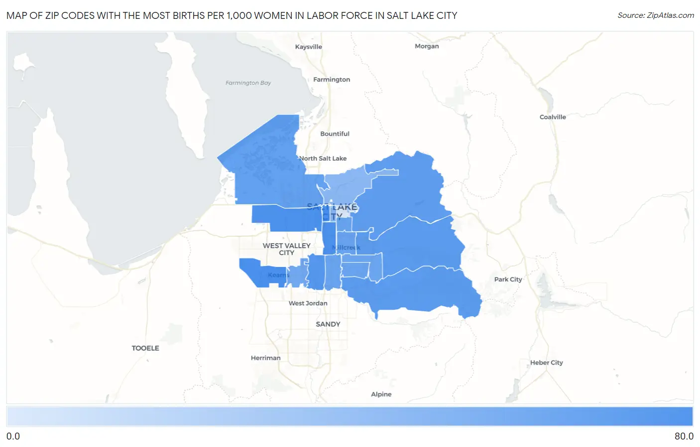 Zip Codes with the Most Births per 1,000 Women in Labor Force in Salt Lake City Map
