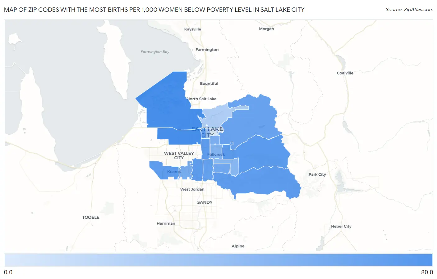 Zip Codes with the Most Births per 1,000 Women Below Poverty Level in Salt Lake City Map