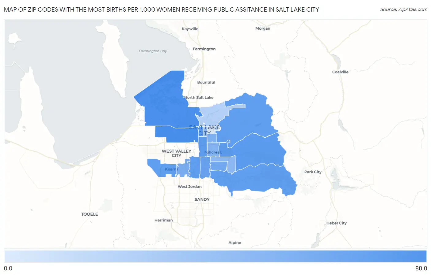 Zip Codes with the Most Births per 1,000 Women Receiving Public Assitance in Salt Lake City Map