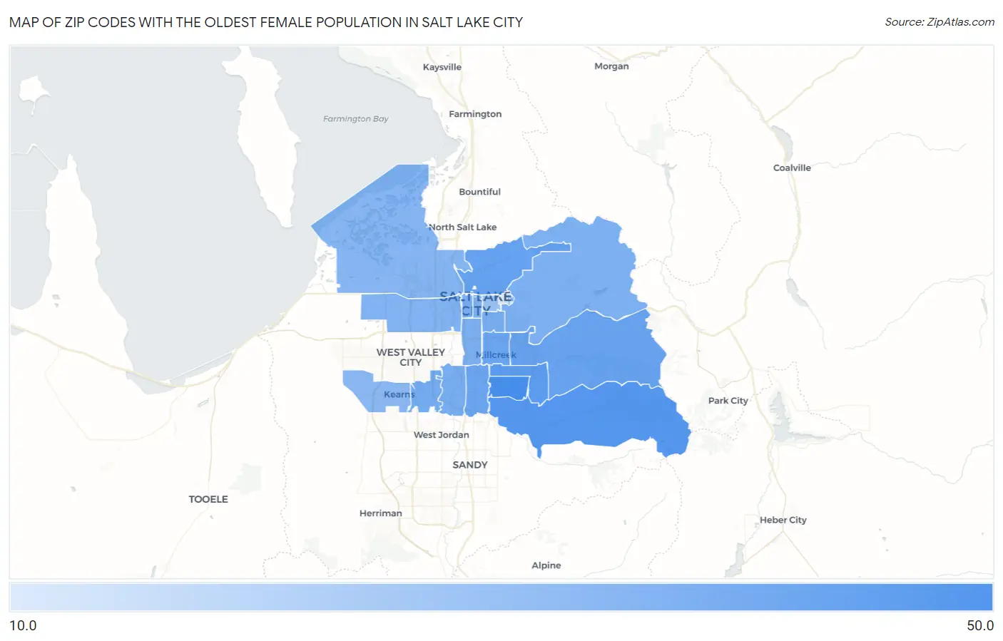 Zip Codes with the Oldest Female Population in Salt Lake City Map