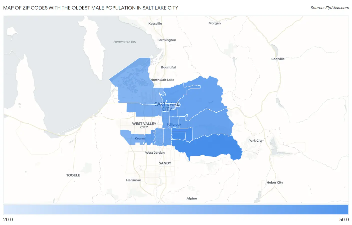 Zip Codes with the Oldest Male Population in Salt Lake City Map