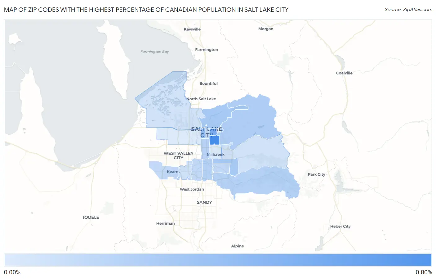 Zip Codes with the Highest Percentage of Canadian Population in Salt Lake City Map