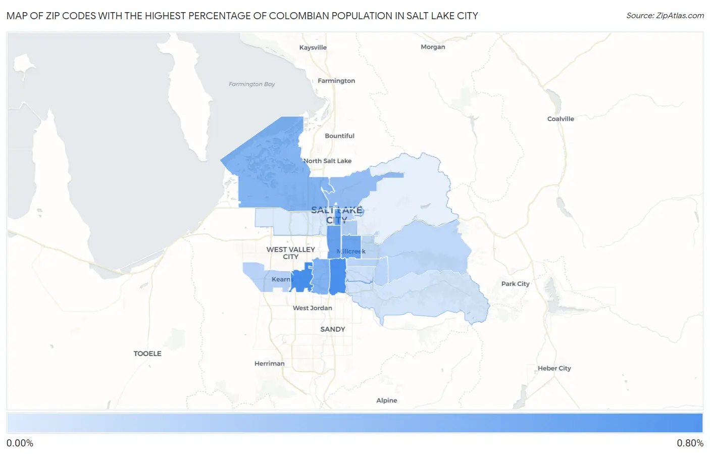 Zip Codes with the Highest Percentage of Colombian Population in Salt Lake City Map