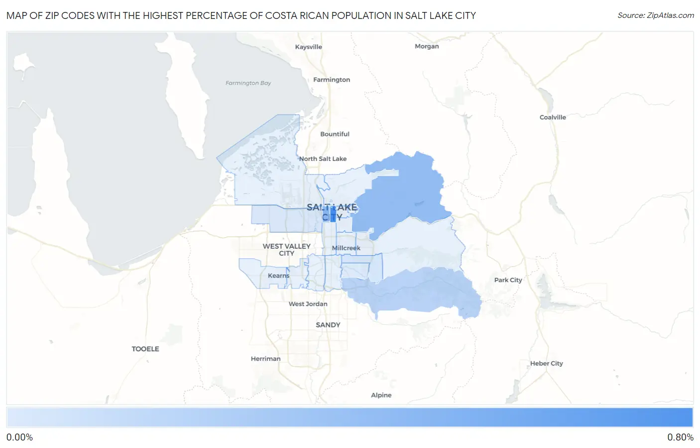 Zip Codes with the Highest Percentage of Costa Rican Population in Salt Lake City Map