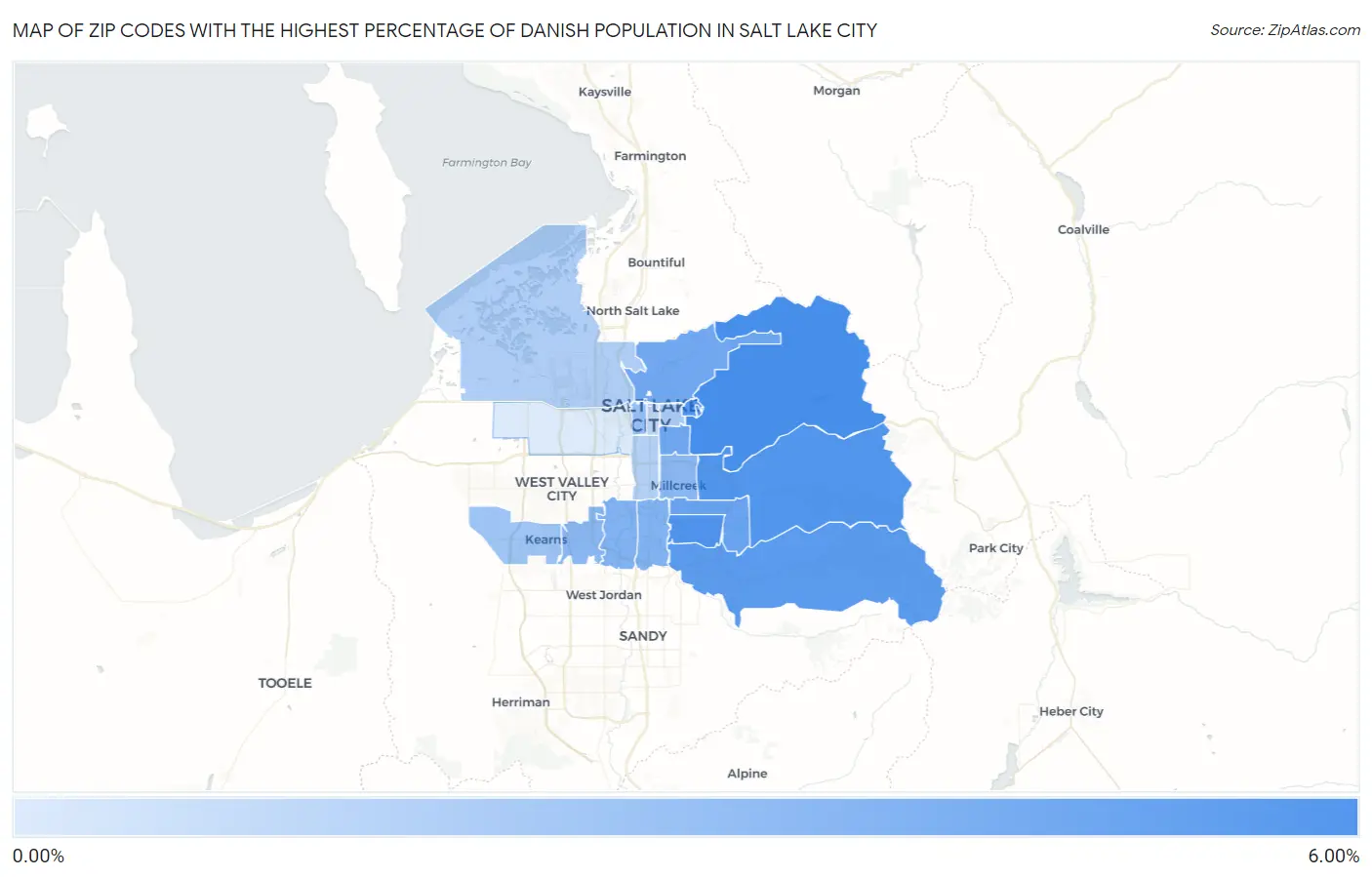 Zip Codes with the Highest Percentage of Danish Population in Salt Lake City Map