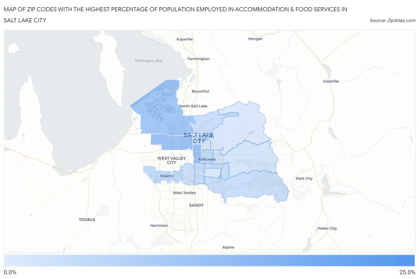Zip Codes with the Highest Percentage of Population Employed in Accommodation & Food Services in Salt Lake City Map
