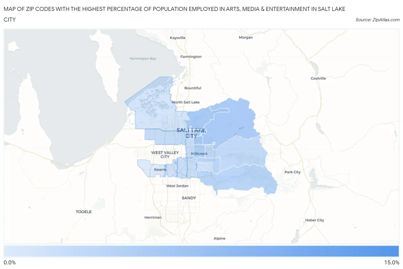 Zip Codes with the Highest Percentage of Population Employed in Arts, Media & Entertainment in Salt Lake City Map