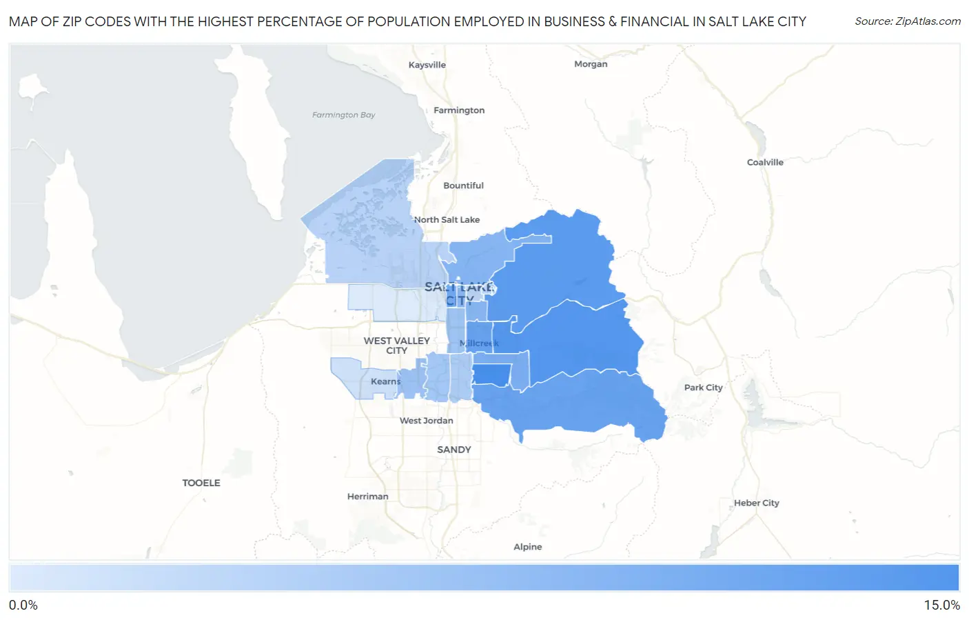 Zip Codes with the Highest Percentage of Population Employed in Business & Financial in Salt Lake City Map