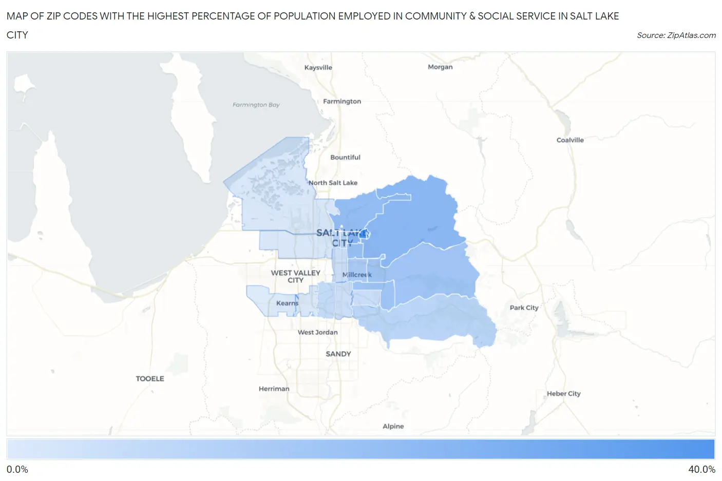 Zip Codes with the Highest Percentage of Population Employed in Community & Social Service  in Salt Lake City Map