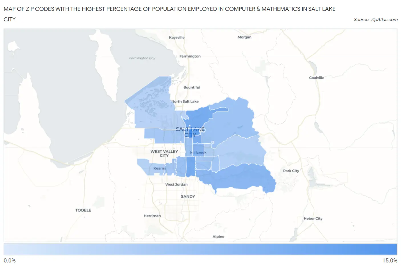 Zip Codes with the Highest Percentage of Population Employed in Computer & Mathematics in Salt Lake City Map