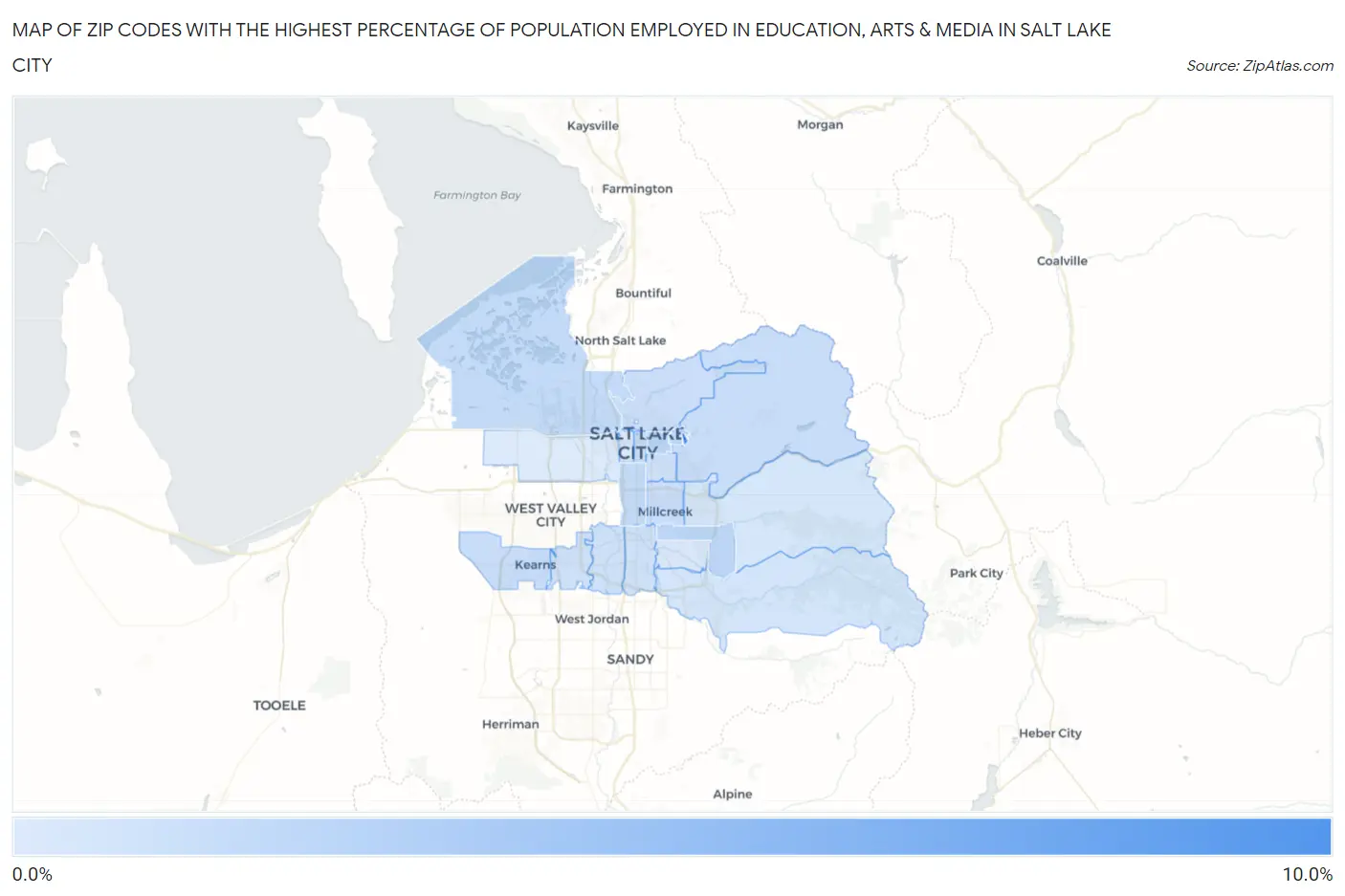 Zip Codes with the Highest Percentage of Population Employed in Education, Arts & Media in Salt Lake City Map