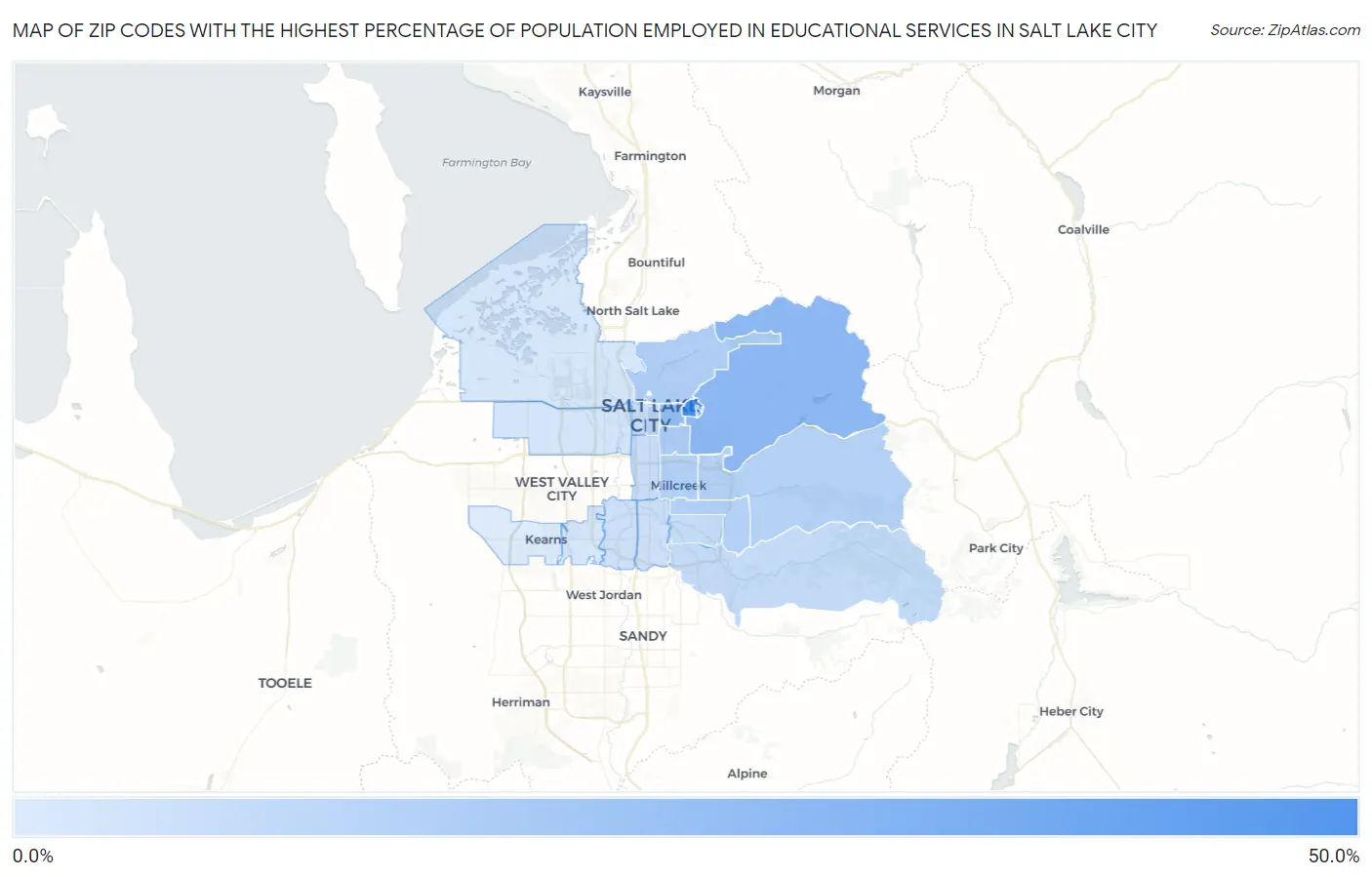 Zip Codes with the Highest Percentage of Population Employed in Educational Services in Salt Lake City Map