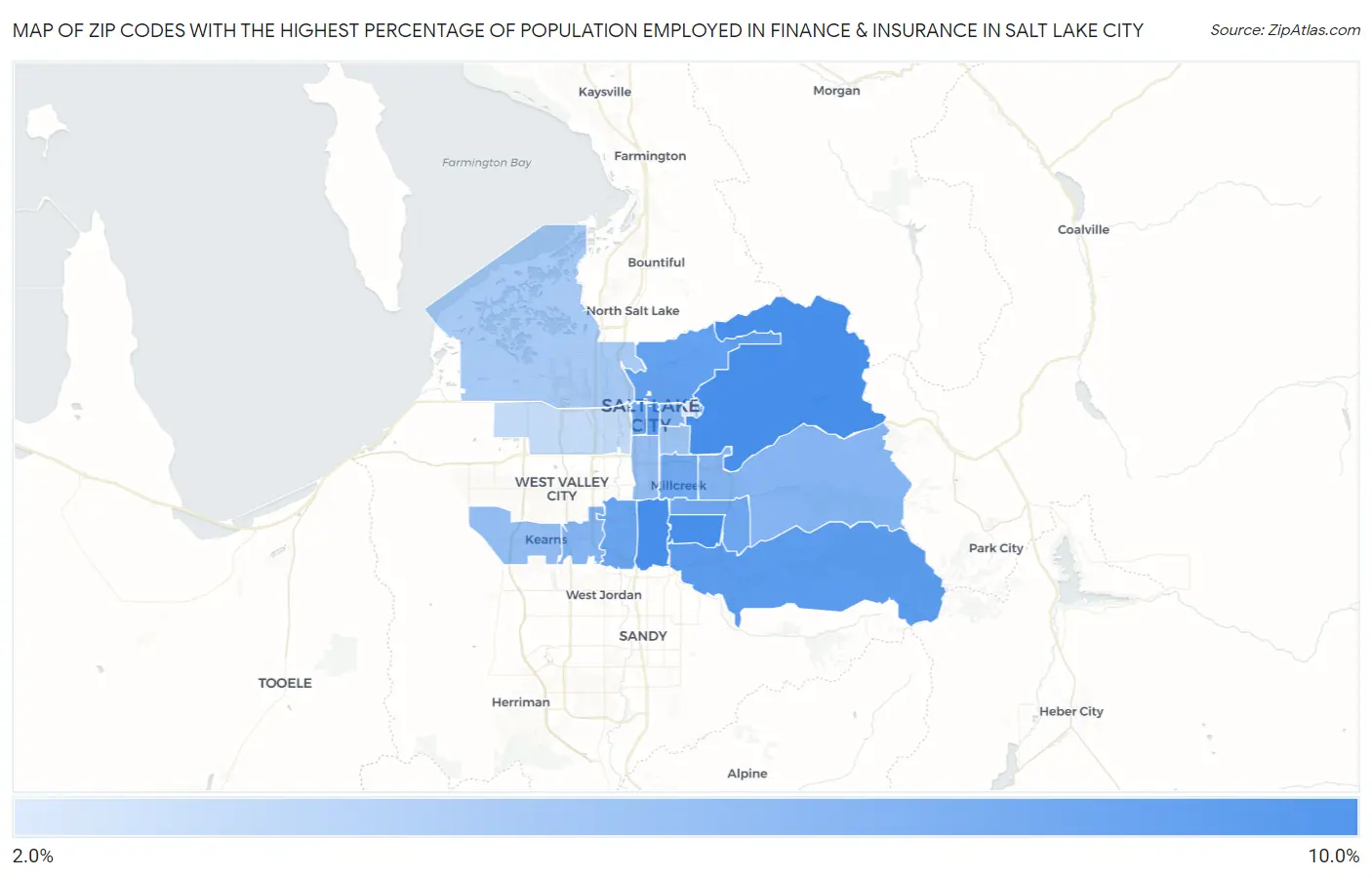 Zip Codes with the Highest Percentage of Population Employed in Finance & Insurance in Salt Lake City Map