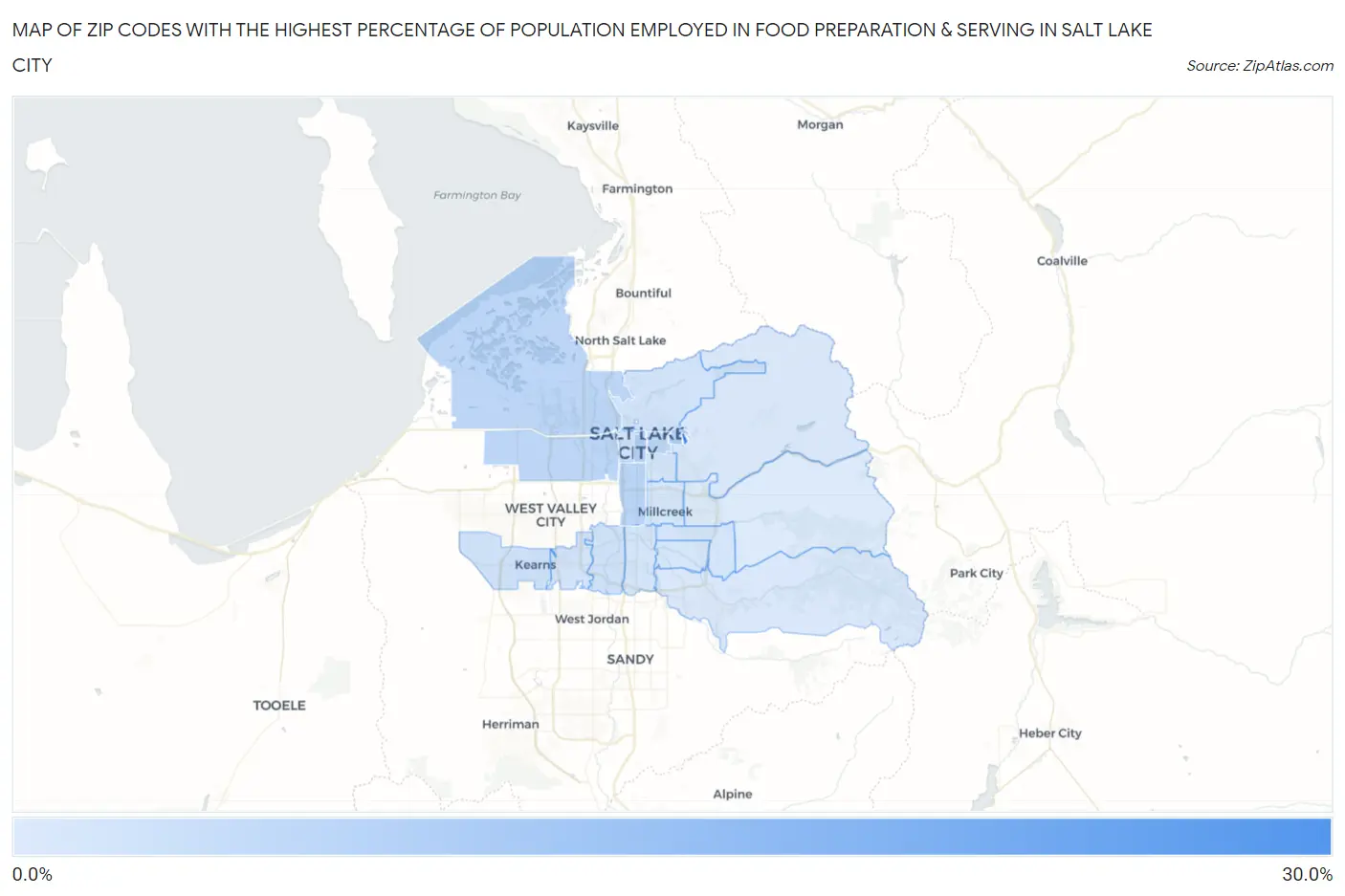 Zip Codes with the Highest Percentage of Population Employed in Food Preparation & Serving in Salt Lake City Map