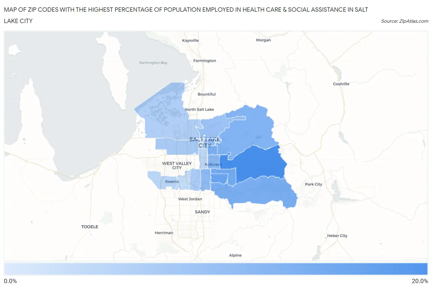 Zip Codes with the Highest Percentage of Population Employed in Health Care & Social Assistance in Salt Lake City Map