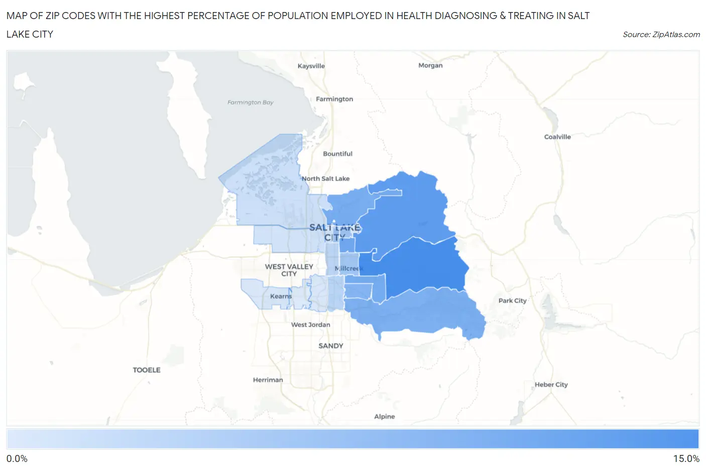 Zip Codes with the Highest Percentage of Population Employed in Health Diagnosing & Treating in Salt Lake City Map