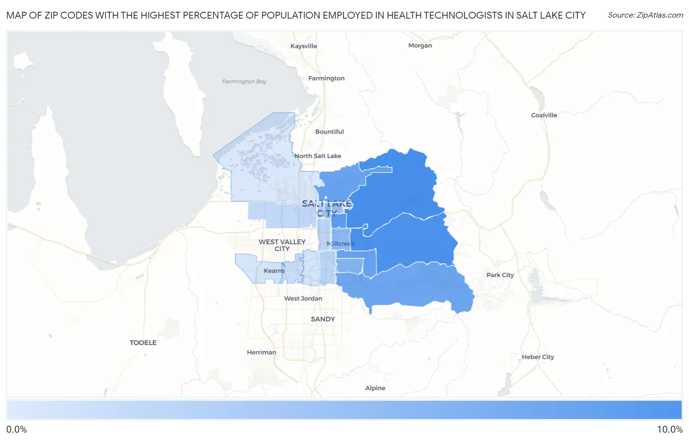 Zip Codes with the Highest Percentage of Population Employed in Health Technologists in Salt Lake City Map