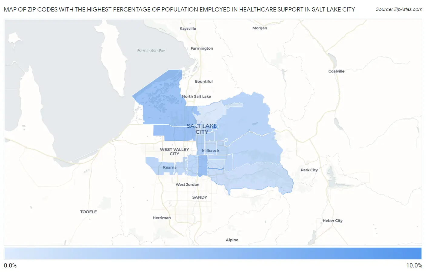 Zip Codes with the Highest Percentage of Population Employed in Healthcare Support in Salt Lake City Map