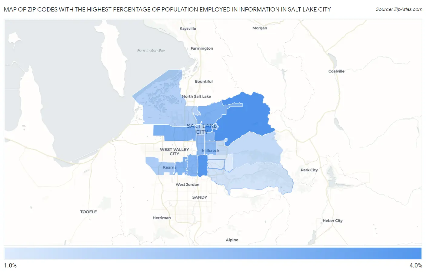 Zip Codes with the Highest Percentage of Population Employed in Information in Salt Lake City Map