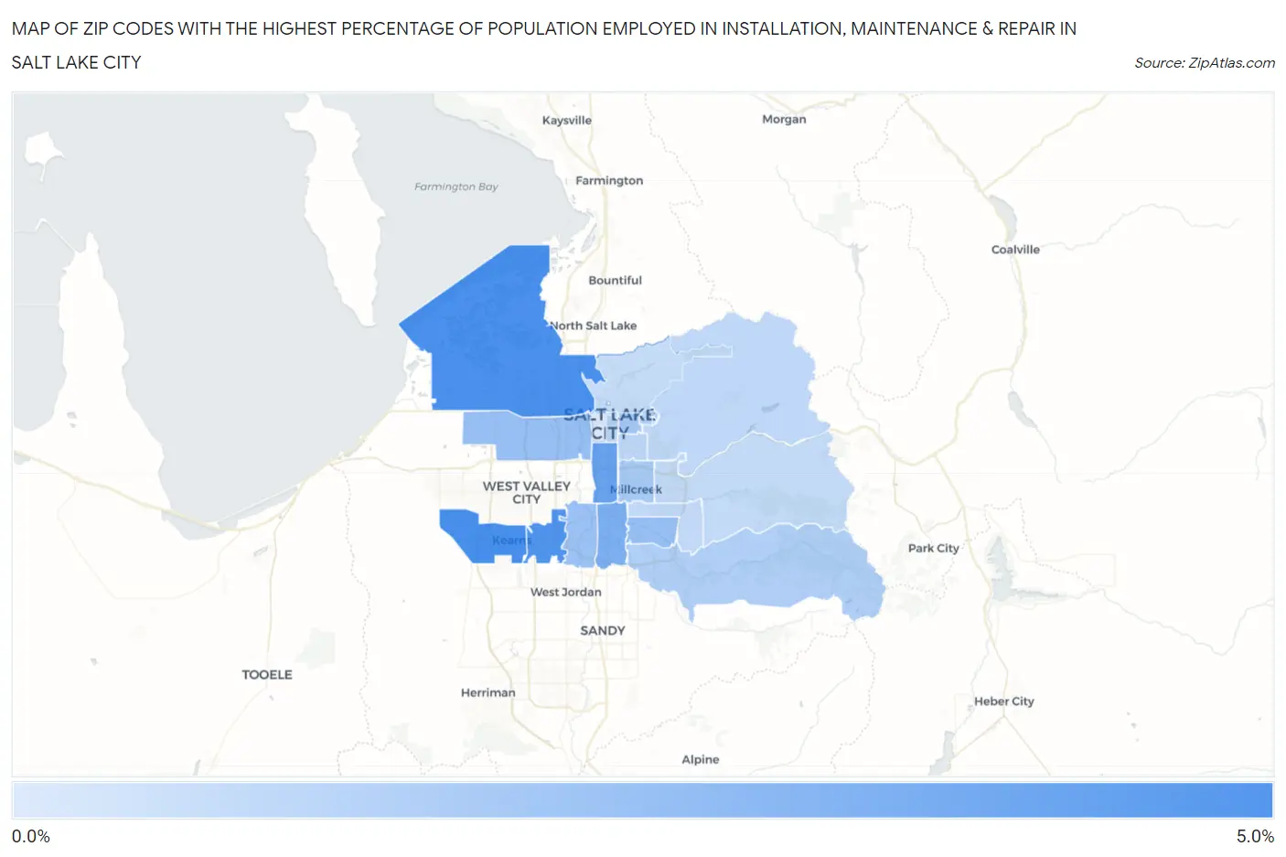 Zip Codes with the Highest Percentage of Population Employed in Installation, Maintenance & Repair in Salt Lake City Map