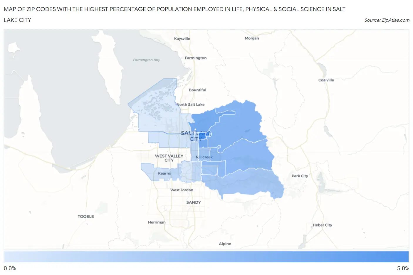 Zip Codes with the Highest Percentage of Population Employed in Life, Physical & Social Science in Salt Lake City Map