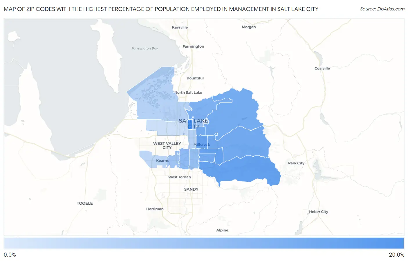 Zip Codes with the Highest Percentage of Population Employed in Management in Salt Lake City Map