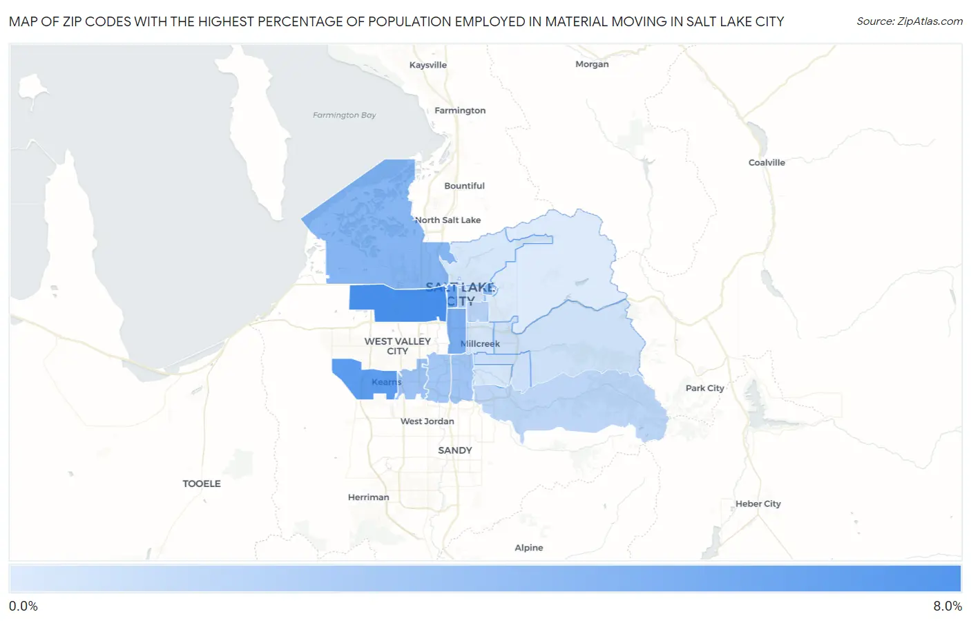 Zip Codes with the Highest Percentage of Population Employed in Material Moving in Salt Lake City Map
