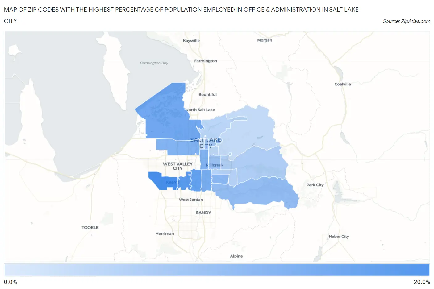 Zip Codes with the Highest Percentage of Population Employed in Office & Administration in Salt Lake City Map