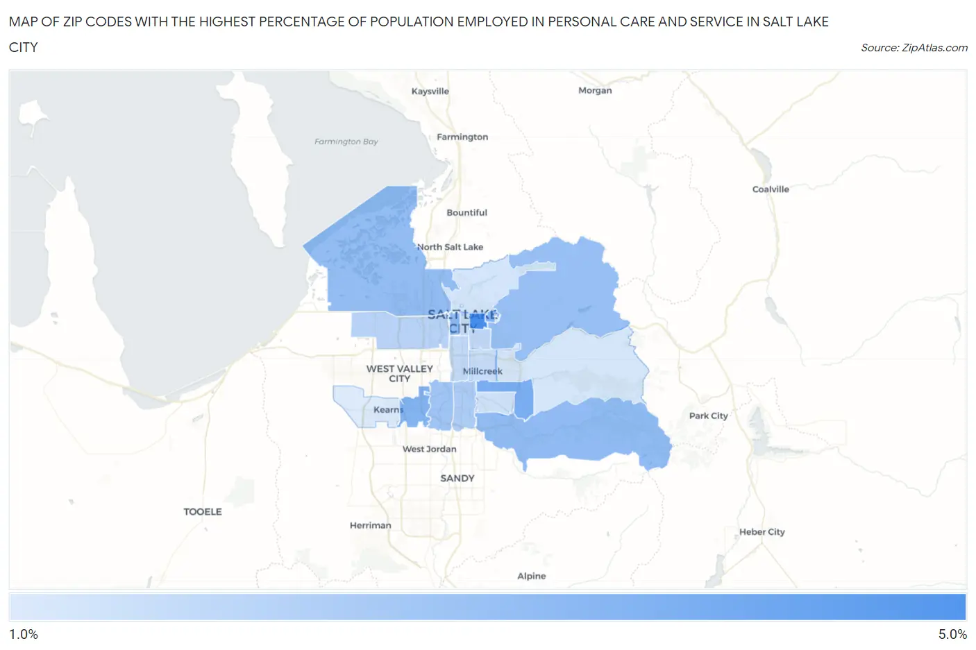 Zip Codes with the Highest Percentage of Population Employed in Personal Care and Service in Salt Lake City Map