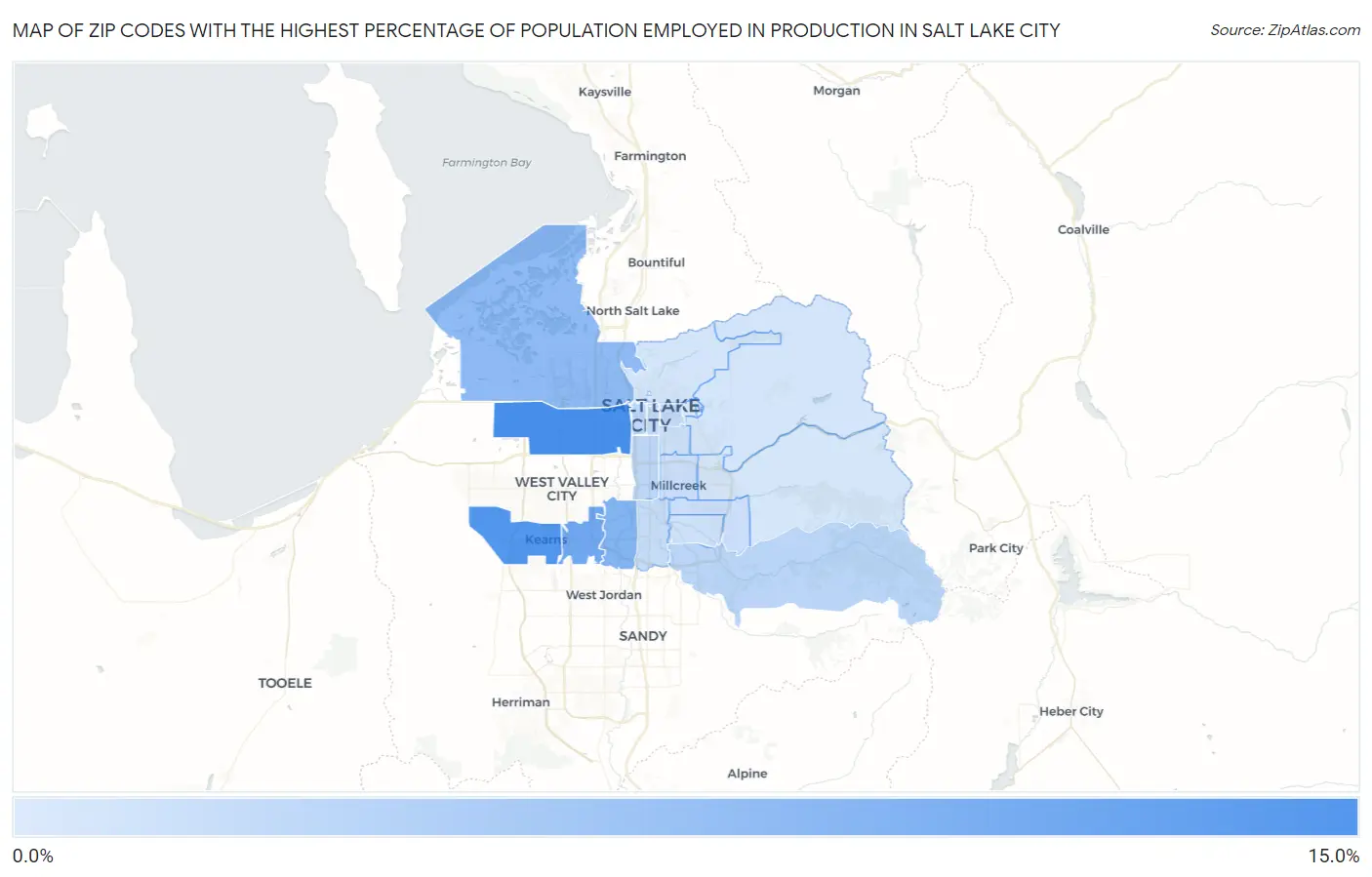 Zip Codes with the Highest Percentage of Population Employed in Production in Salt Lake City Map
