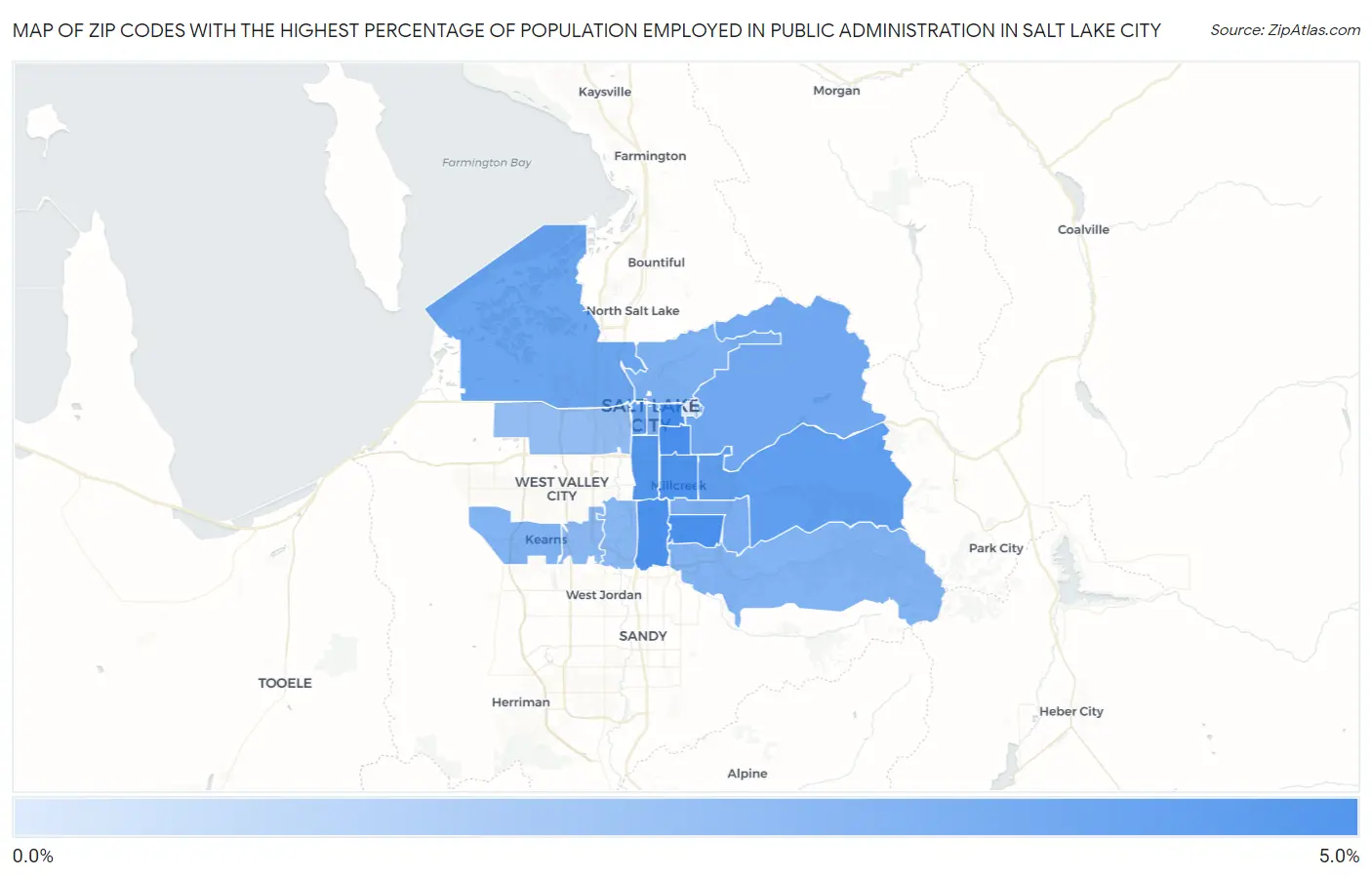 Zip Codes with the Highest Percentage of Population Employed in Public Administration in Salt Lake City Map