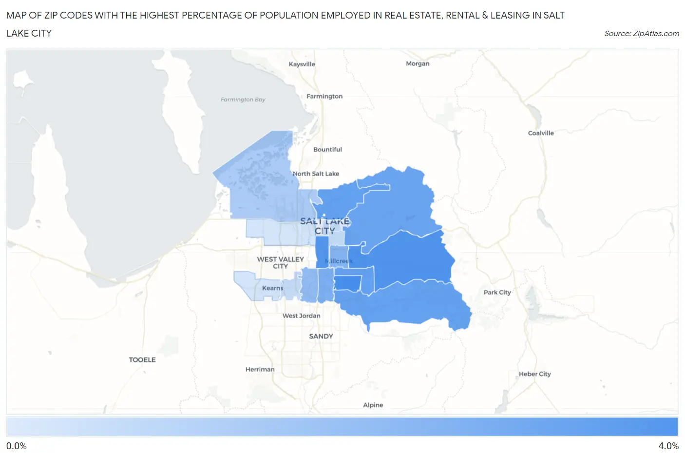 Zip Codes with the Highest Percentage of Population Employed in Real Estate, Rental & Leasing in Salt Lake City Map