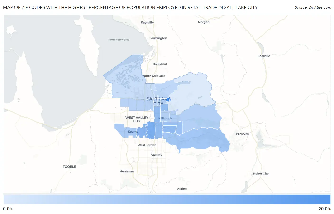 Zip Codes with the Highest Percentage of Population Employed in Retail Trade in Salt Lake City Map