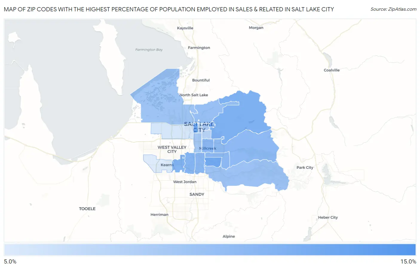 Zip Codes with the Highest Percentage of Population Employed in Sales & Related in Salt Lake City Map