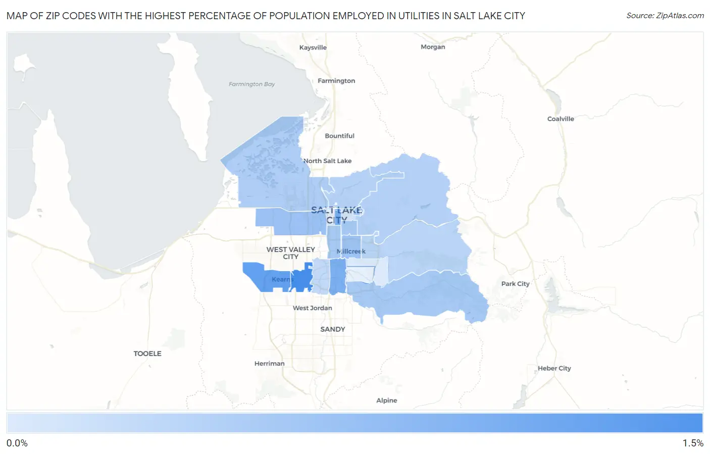 Zip Codes with the Highest Percentage of Population Employed in Utilities in Salt Lake City Map