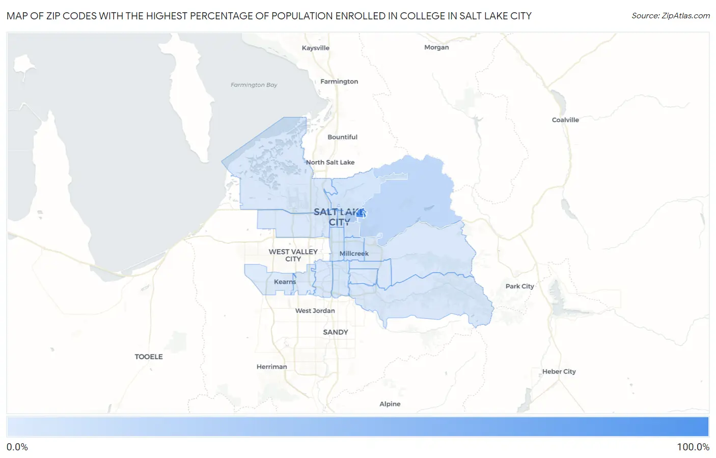 Zip Codes with the Highest Percentage of Population Enrolled in College in Salt Lake City Map