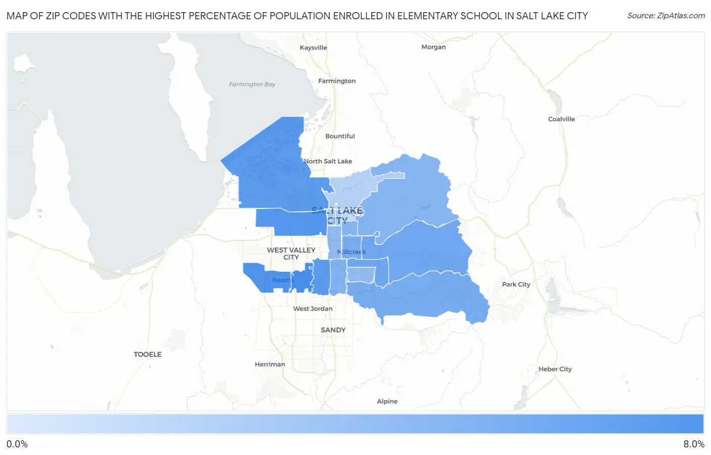 Zip Codes with the Highest Percentage of Population Enrolled in Elementary School in Salt Lake City Map