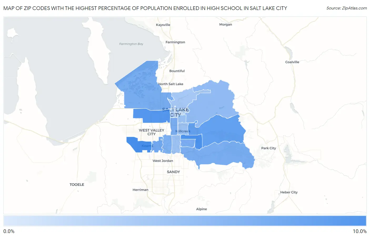 Zip Codes with the Highest Percentage of Population Enrolled in High School in Salt Lake City Map
