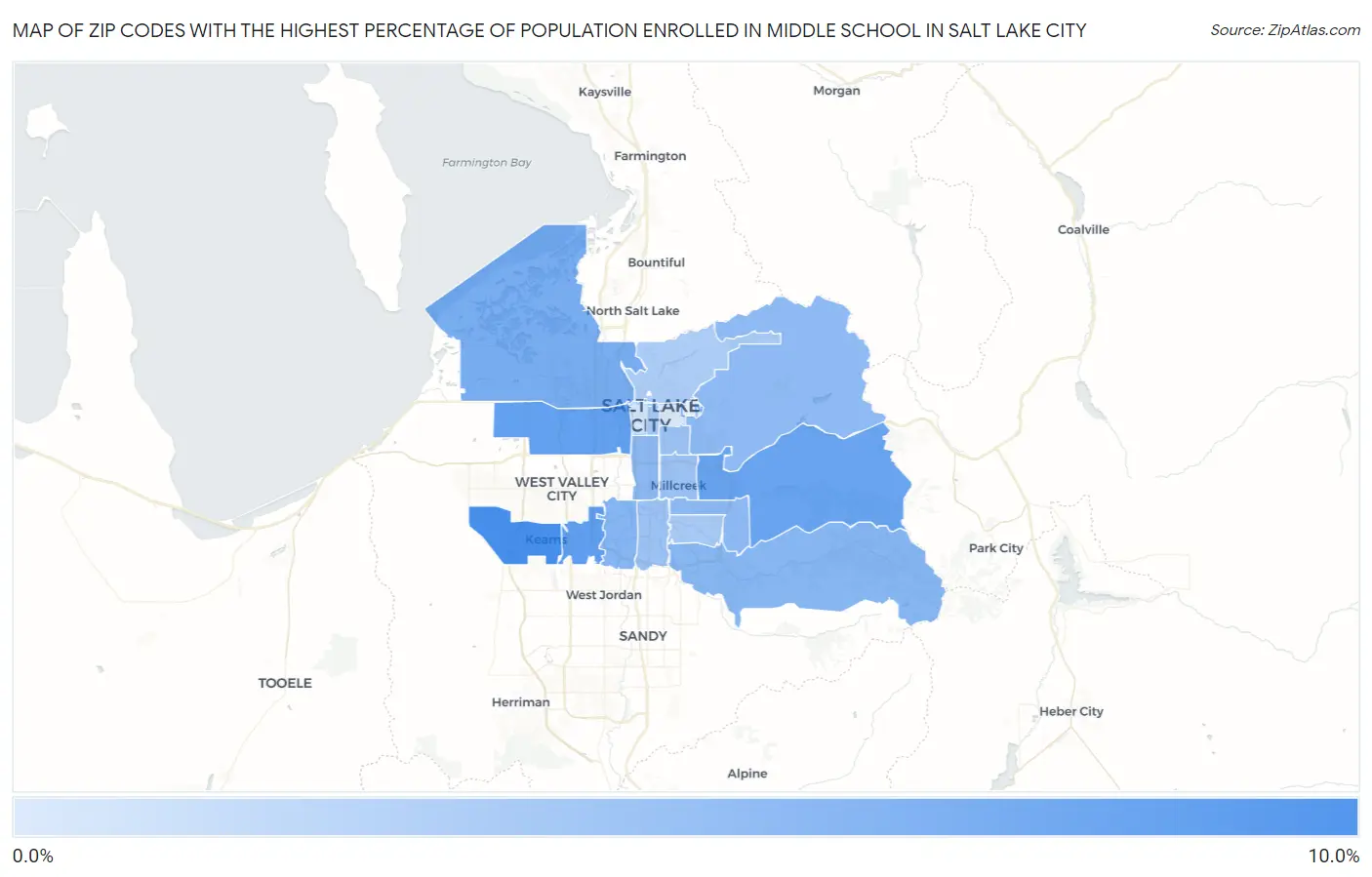 Zip Codes with the Highest Percentage of Population Enrolled in Middle School in Salt Lake City Map