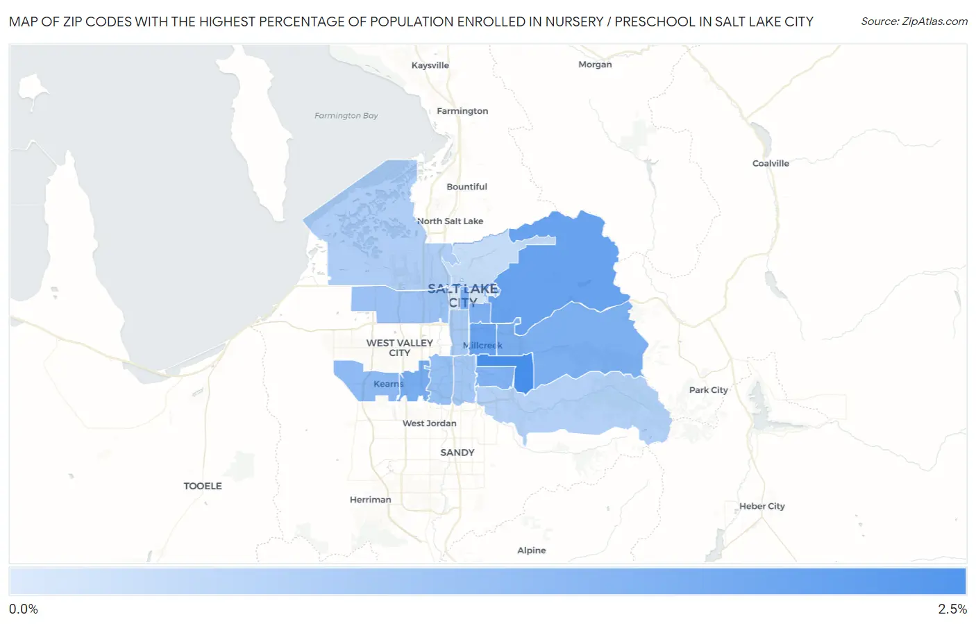 Zip Codes with the Highest Percentage of Population Enrolled in Nursery / Preschool in Salt Lake City Map