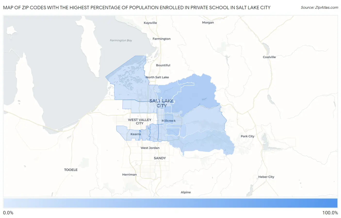 Zip Codes with the Highest Percentage of Population Enrolled in Private School in Salt Lake City Map