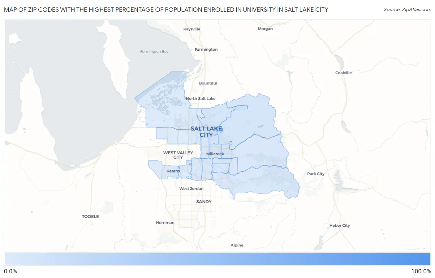 Zip Codes with the Highest Percentage of Population Enrolled in University in Salt Lake City Map